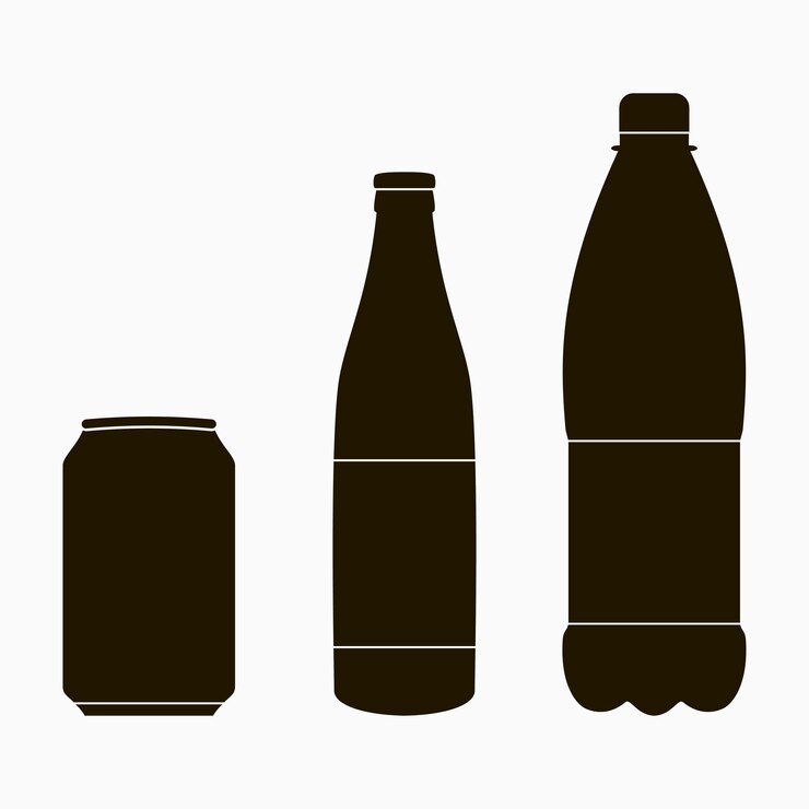 Set di icone di bottiglia - lattina di metallo, vetro e plastica. Illustrazione vettoriale.