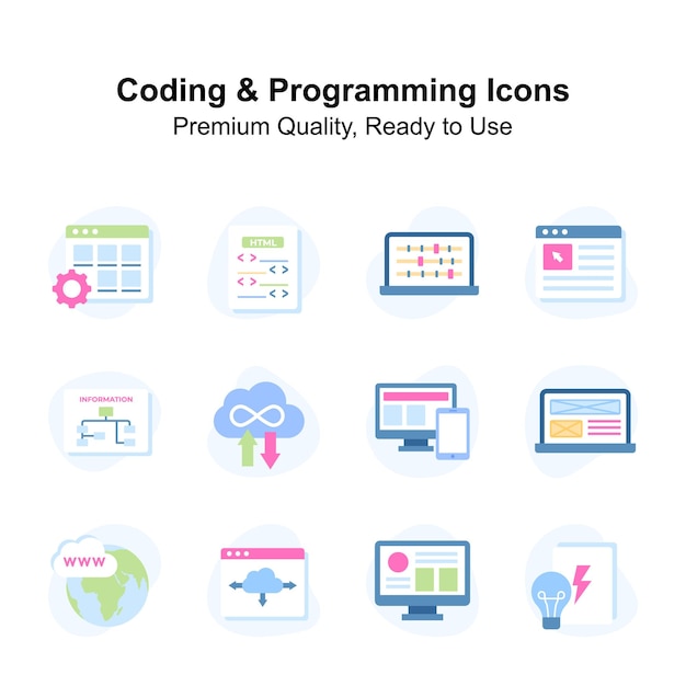 Set di icone di codifica e programmazione ben progettate pronte per l'uso premium