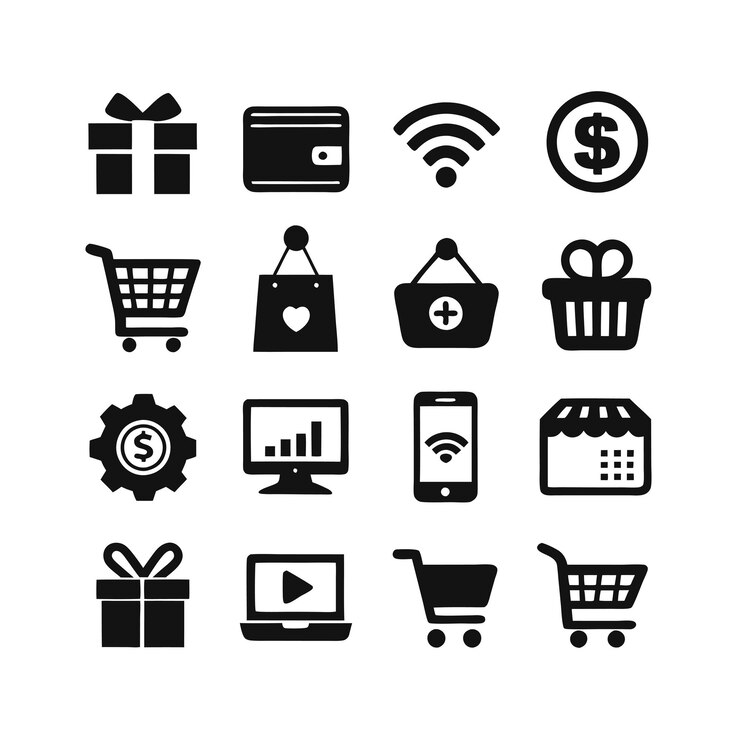 Vettore set di icone di commercio elettronico e di acquisto per documenti di interfaccia utente, siti web e applicazioni mobili
