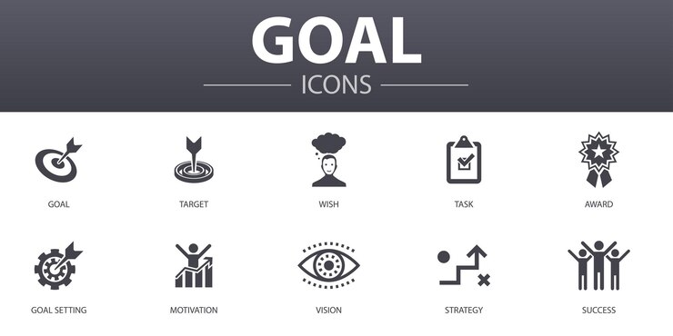 Vettore set di icone di concetto semplice obiettivo. contiene icone come obiettivo, desiderio, attività, impostazione degli obiettivi e altro, può essere utilizzato per web, logo, ui/ux
