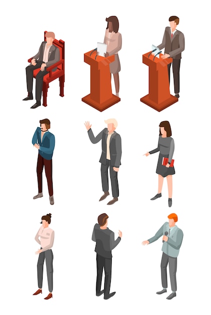 Set di icone di conferenza politica. Insieme isometrico delle icone di vettore di conferenza politica per web design isolato su priorità bassa bianca