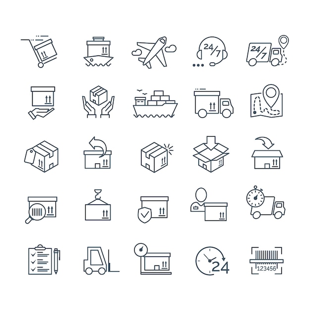 Set di icone di consegna di colore nero per il tuo progetto di progettazione di app Icone logistiche Illustrazione vettoriale