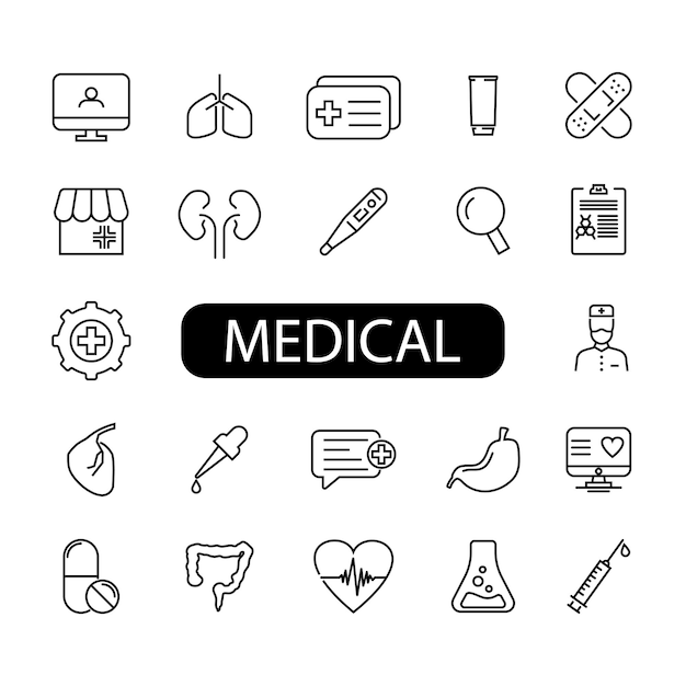Set di icone di contorno sulla medicina della farmacia Simboli semplici con contorno di colore nero