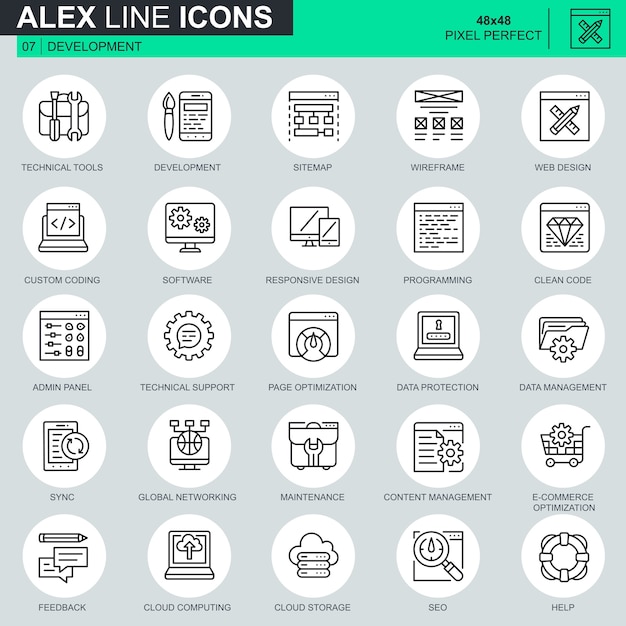 Set di icone di design e sviluppo linea sottile
