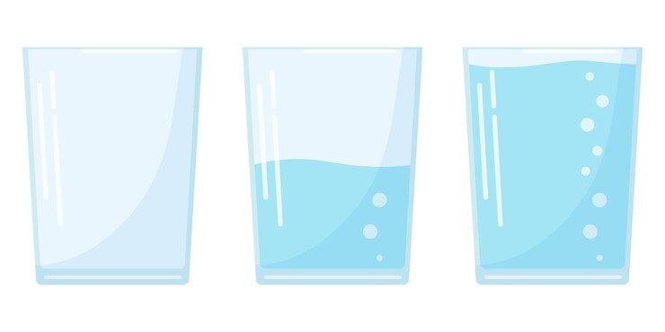 Set di icone di design piatto tre bicchiere d'acqua in stile cartone animato isolato su sfondo bianco, bicchiere pieno, mezzo e vuoto.