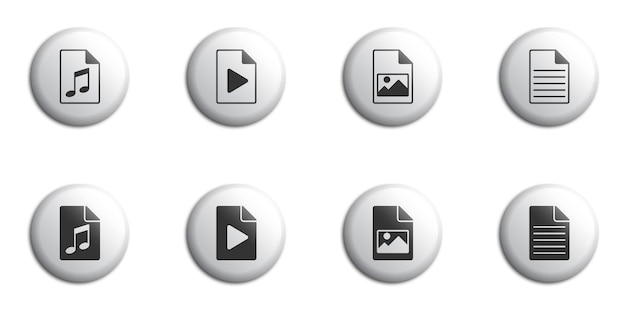 Set di icone di diversi tipi di file, ad esempio file audio di testo multimediale e file immagine Illustrazione vettoriale