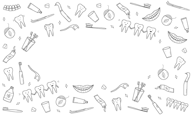 Vettore set di icone di doodle per l'odontoiatria illustrazione vettoriale di elementi per il trattamento e la cura dei denti