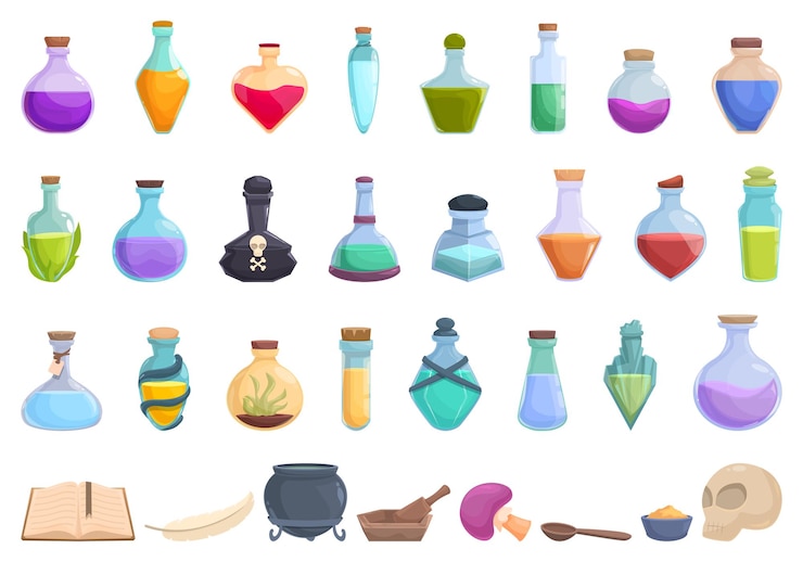 Vettore set di icone di elixir magico vettore di cartoni animati barattolo di vetro avvelenato gioco asset