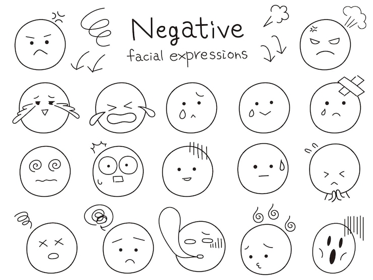 Vettore set di icone di espressione facciale negativa semplice e carina disegno di linea nera con tocco disegnato a mano