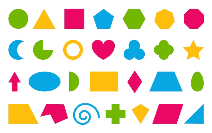 Vettore set di icone di forma geometrica educativa di base figure matematiche triangolo quadrato cerchio rettangolo esagonale kid scuola apprendimento geometria elemento studio cartone animato poster isolato su sfondo bianco