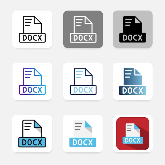 Set di icone di formato file docx con un aspetto moderno e pulito adatto per siti web ui e applicazioni mobili
