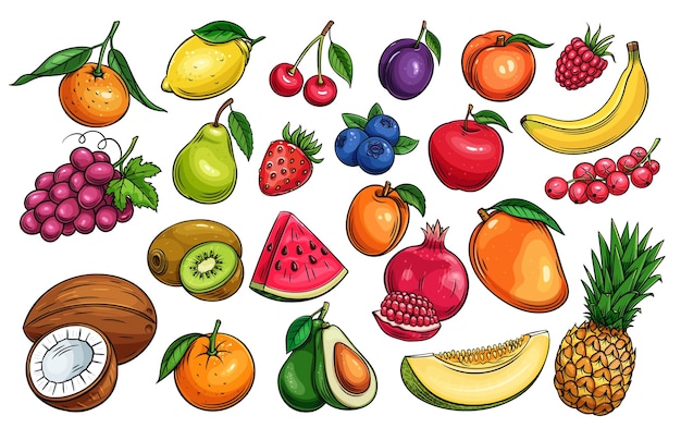Set di icone di frutta e bacche disegnate a mano
