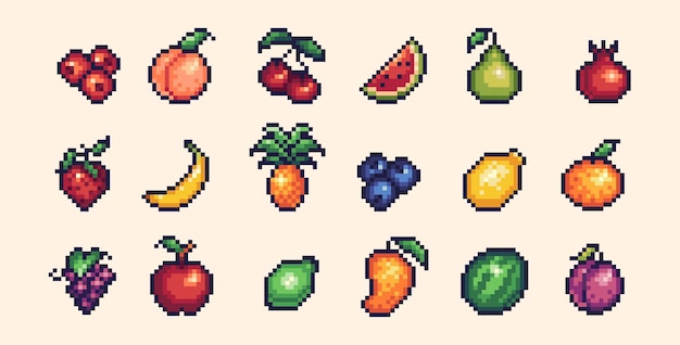 Set di icone di frutta pixel art Collezione di loghi di bacche e piante esotiche