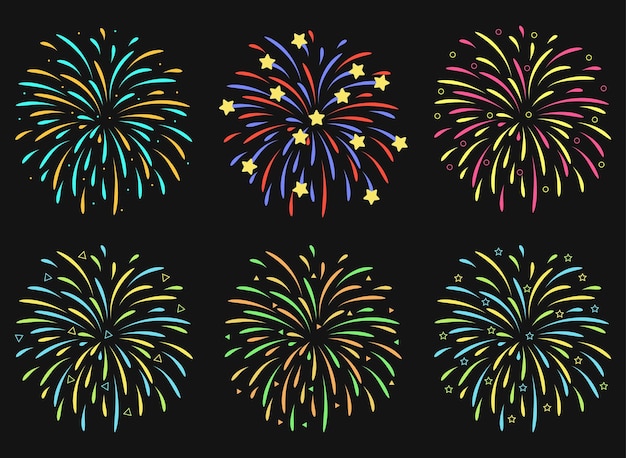 Set di icone di fuochi d'artificio Set di vettori di fuochi d'artificio isolati su sfondo nero