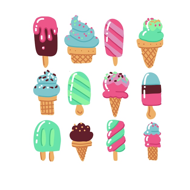 Set di icone di gelato disegnare a mano piatta. Cibo da dessert.