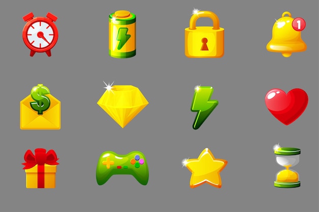 Set di icone di gioco per gli elementi della GUI dell'interfaccia utente per l'app mobile