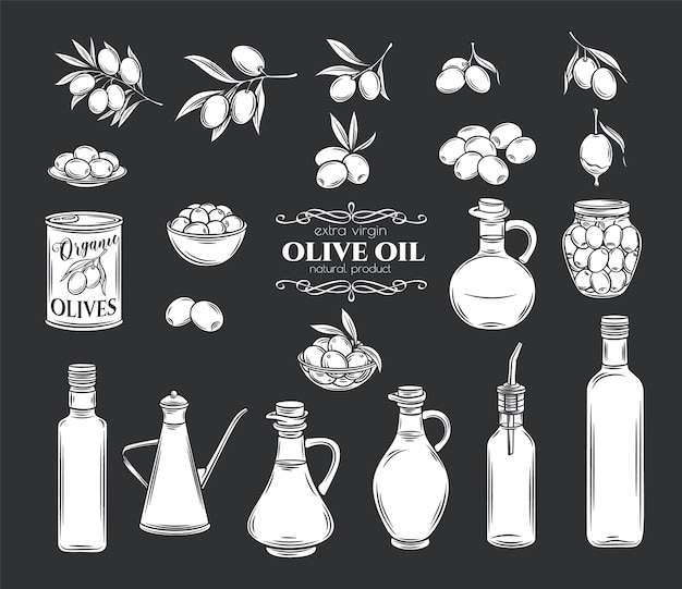 Set di icone di glifo con olive e olio d'oliva. Rami di albero isolati, bottiglia di vetro, brocca, distributore di metallo con olio. Stile retrò, illustrazione.
