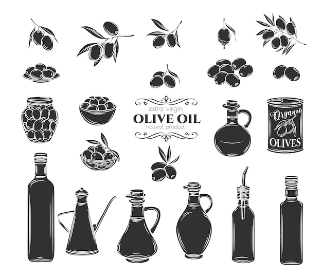 Set di icone di glifo con olive e olio d'oliva. Rami di albero isolati, bottiglia di vetro, brocca, distributore di metallo con olio. Stile retrò, illustrazione.
