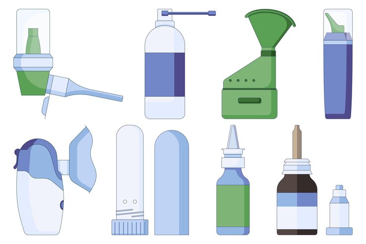 Set di icone di gocce nasali e spray Per raffreddore influenza tosse medicina nel naso in uno stile piatto isolante