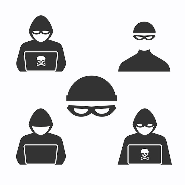 Set di icone di hacker Criminale informatico al laptop Furto di dati personali dell'utente Phishing su Internet