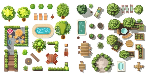 Set di icone di illustrazione vettoriale architettonica isolata per tavolo e sedia da piscina o giardino