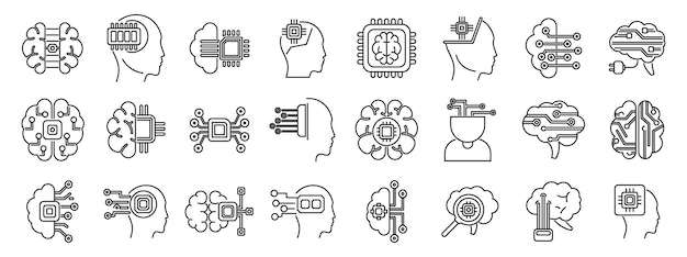 Set di icone di impianti cerebrali Set di icona di intelligenza artificiale con silhouette di teste umane e schede di circuiti