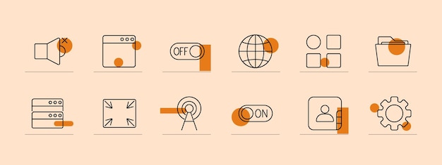 Set di icone di linea di rete e tecnologia Antenna attivata spegnere spegnere interfaccia di ingranaggio globo server cartella utente a schermo intero Comunicazione concetto di sistema IT