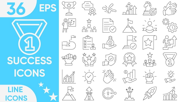 Set di icone di linea di successo, vettori e illustrazioni