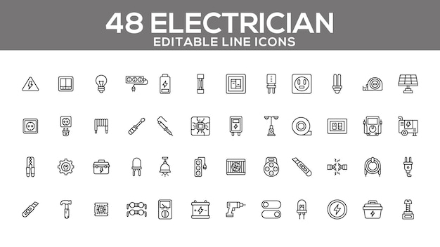 Set di icone di linee elettriche per utensili e attrezzature elettriche modificabili per il web e la progettazione di app