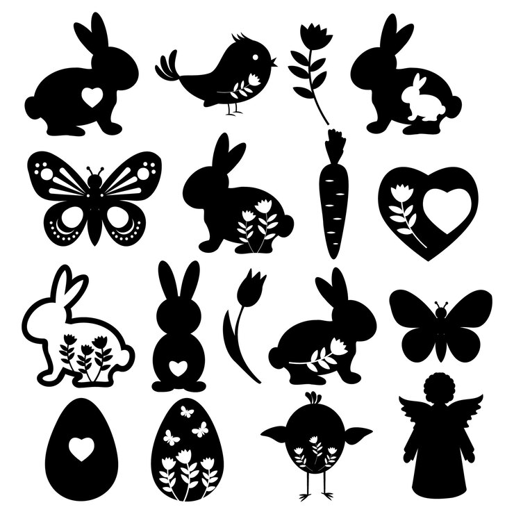 Set di icone di Pasqua, illustrazione vettoriale isolata silhouette nera