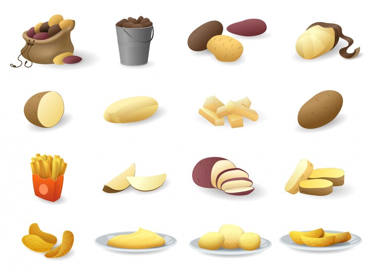 Vettore set di icone di patate, stile cartoon