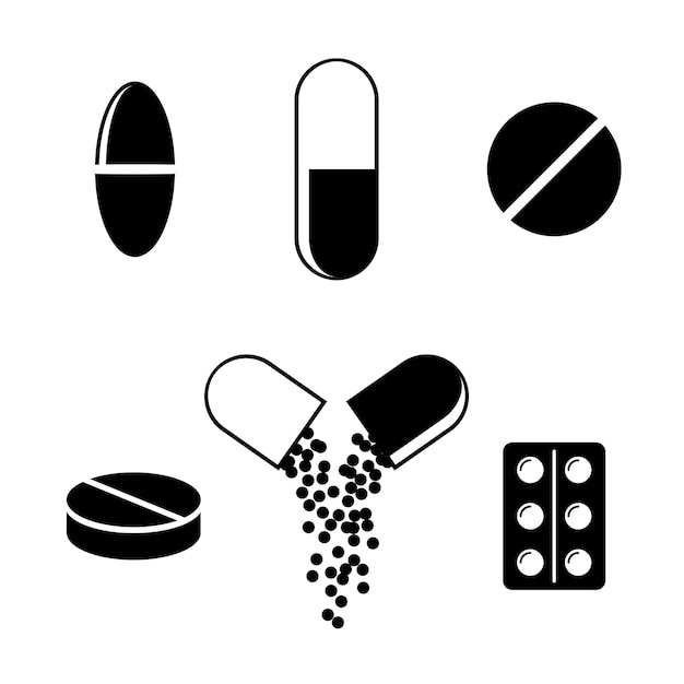 Set di icone di pillole e capsule su sfondo bianco. Icone di medicinali. Pillole blister: antidolorifici, vitamine, antibiotici e aspirina. Simboli di farmacia e farmaci. Illustrazione vettoriale medica