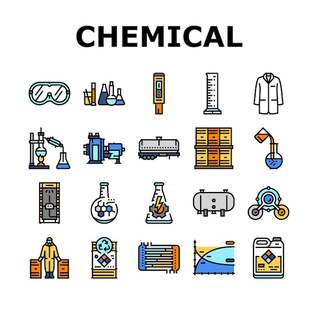 set di icone di ricerca di ingegnere chimico laboratorio di chimica vettoriale laboratorio di scienze medicina scienziato tecnologia esperimento illustrazioni di linee di colore di ricerca di ingegnere chimico