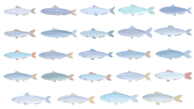 Set di icone di sardine vettore di cartoni animati Può pescare