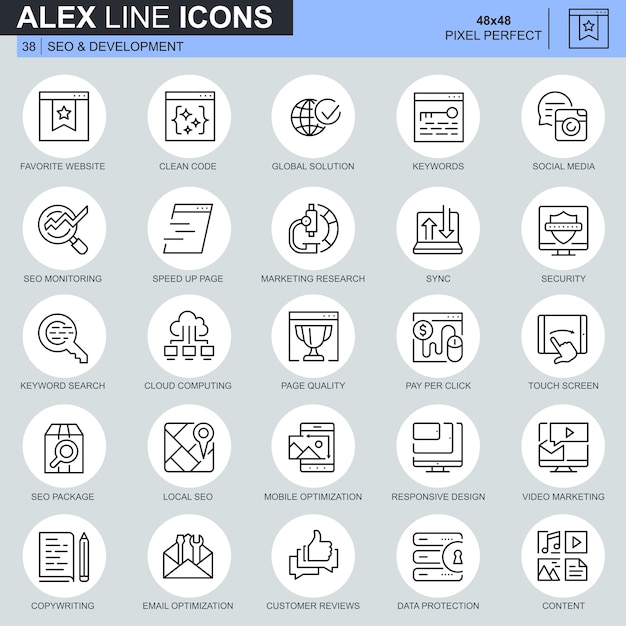 Set di icone di seo e sviluppo linea sottile