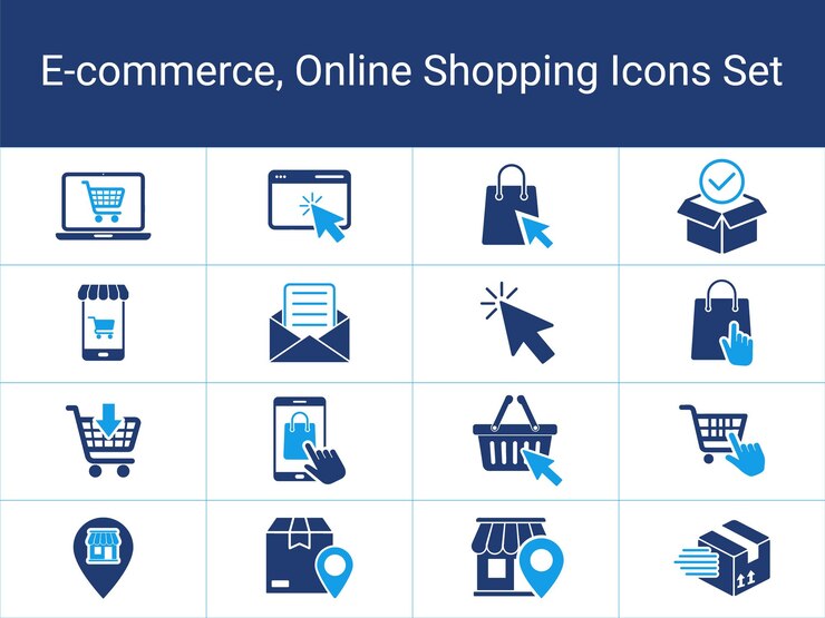 Vettore set di icone di shopping e-commerce, compresi pacchetti di carrelli della spesa online set di semplici icone piatte