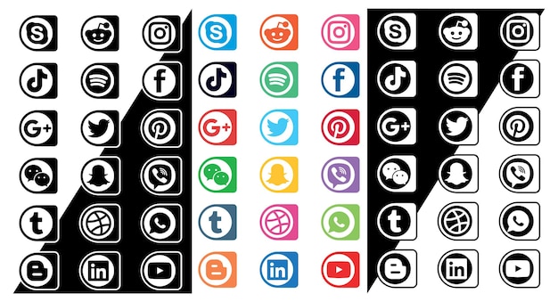 Set di icone di social media vettoriali rotonde e mezzo quadrate multicolori nelle varianti in bianco e nero