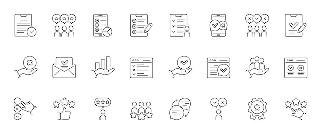 Set di icone di sondaggio e feedback con uno stile di design a linee sottili per applicazioni moderne