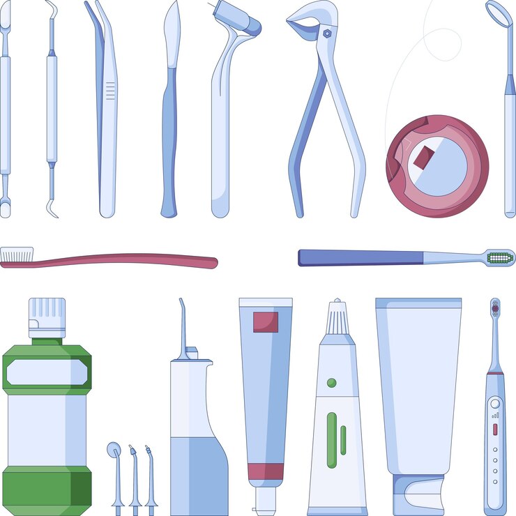 Set di icone di strumenti e strumenti dentali La stomatologia fornisce l'icona vettoriale in uno stile piatto