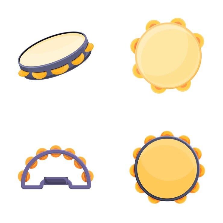 Vettore set di icone di tamburello vettoriale di cartoni animati tamburello di stile e colore diversi