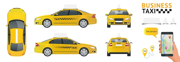 Set di icone di trasporto di servizio cittadino piatto di alta qualità. Taxi per auto. Costruisci la tua raccolta di infografica web mondiale. Mockup di marchio di taxi. Vista laterale, anteriore, posteriore e superiore.