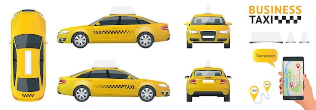 Set di icone di trasporto di servizio cittadino piatto di alta qualità. Taxi per auto. Costruisci la tua raccolta di infografica web mondiale. Mockup di marchio di taxi. Vista laterale, anteriore, posteriore e superiore.