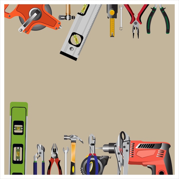 Set di icone di utensili a mano a colori di cartone animato Include cacciavite martello pinze chiave e trivellazione vettore