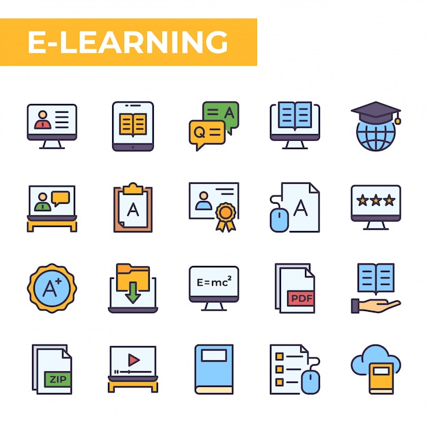 Set di icone E-Learning, stile colore pieno