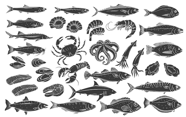Set di icone glifo di frutti di mare e pesce. Aringhe, calamari, polpi, salmone, ostriche e capesante monocromatiche. Orata, sgombro, tonno o sterlet, pesce gatto, merluzzo e halibut, aragosta, granchio inciso