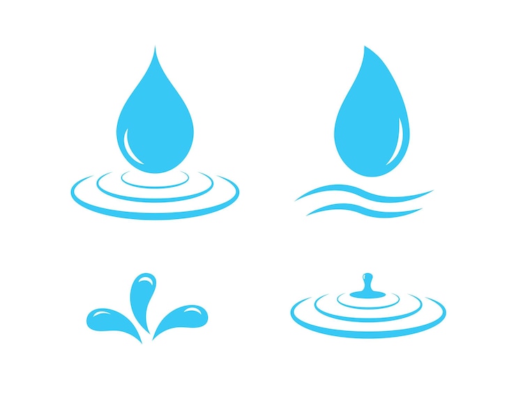 Vettore set di icone goccia d'acqua blu spruzzi d'acqua e acqua pulita con onde blu rispettose dell'ambiente