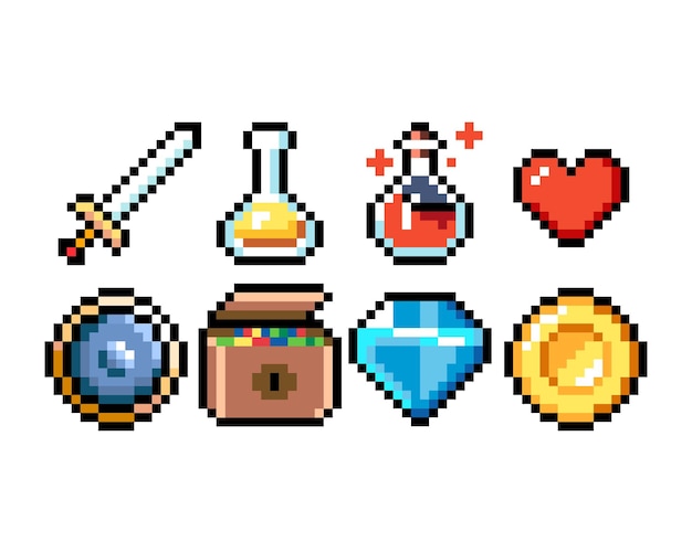 Set di icone grafiche a 8 bit pixel Illustrazione vettoriale isolata Arte del gioco Pozioni di gioielli di armi