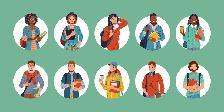 Vettore set di icone gruppo diversificato di studenti sorridenti con zaini e libri sullo sfondo verde