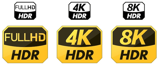 Set di icone HDR gialle e nere. Versione HD, 4k e 8k