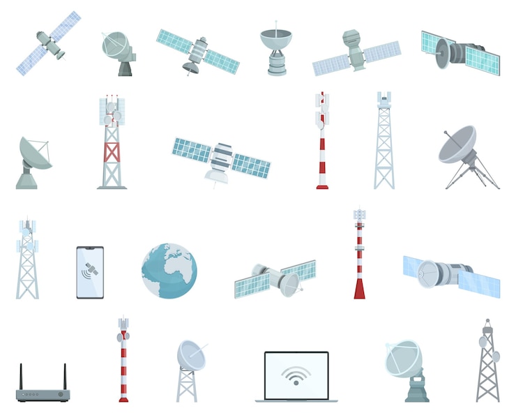 Vettore set di icone internet via satellite vettore cartoon comunicazione dell'antenna